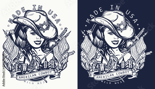 Cowboy girl pin up style. Sheriff woman in hat. Beautiful American woman in national clothes of USA. Wild West concept. Western art. New York slogan. Template for clothes, poster, t-shirt design