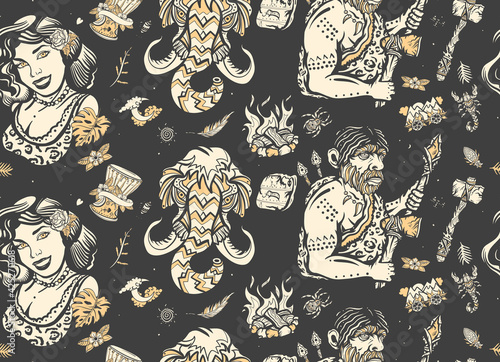 Stone age, dark seamless pattern. Homo sapiens evolution art. Old school tattoo vector style. Cave man neanderthal, hunting mammoth, prehistoric woman. Neolithic and epipaleolithic people background