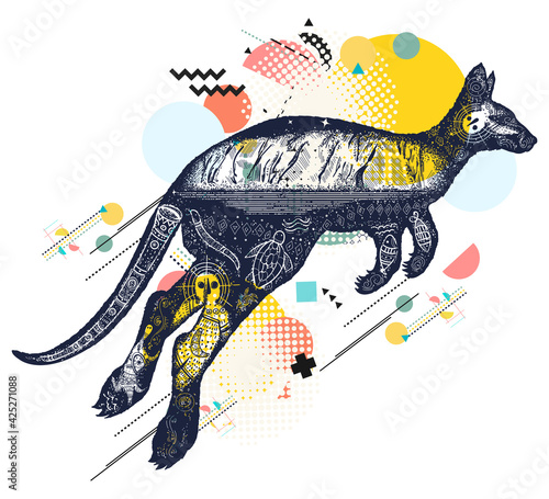 Kangaroo double exposure. Symbol of Australia, travel and tourism. Zine culture concept. Hand drawn vector glitch tattoo, contemporary cyberpunk collage. Vaporwave art