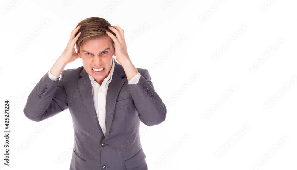 Portrait frustrated and angry business man in panic standing over isolated on white background Serious Exhausted work stress Expression face concept Guy touching on head feeling tired suffering Portrait frustrated and angry business man in panic standing over isolated on white background Serious Exhausted work stress Expression face concept Guy touching on head feeling tired suffering