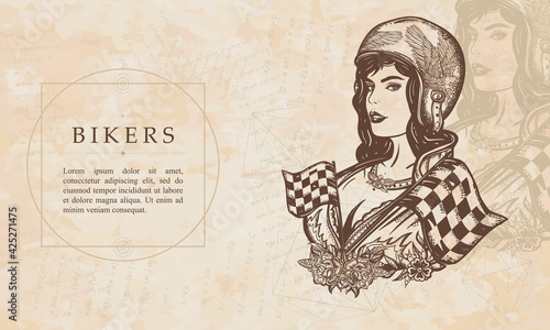 Biker girl. Pin up moto sport woman. Lifestyle of racers. Renaissance background. Medieval manuscript, engraving art