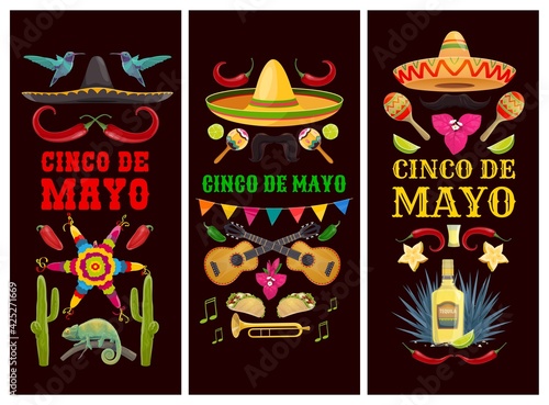 Cinco de Mayo Mexican holiday banners of vector fiesta party sombrero hats, cactuses and chilli peppers. Mariachi musician maracas, guitars, mustache and trumpet, tequila, pinata, jalapeno and agave
