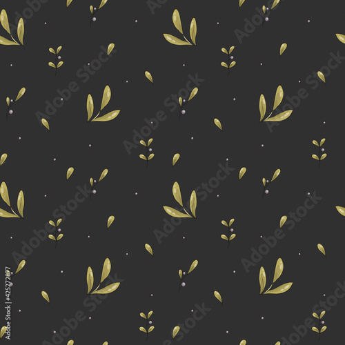 Vector seamless pattern of olive leaves and small berries on a dark background. Wrapping paper, ornament for bed linen