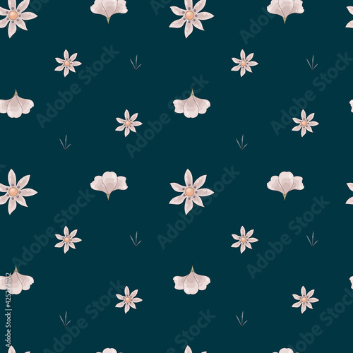 Vector seamless pattern of beige wild flowers on a dark blue background. Digital paper