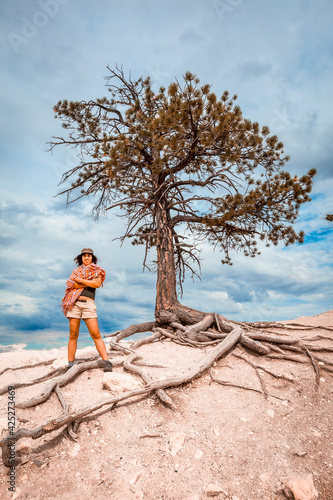A young woman in a white half-dead tree on a Bryce viewpoint. Utah  United States.