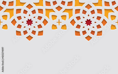 Color ornamental patterned stone relief in arabic architectural style of islamic mosque, greeting card for Ramadan Kareem