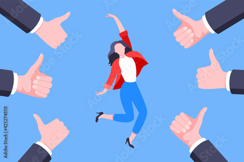 Employee recognition or proud worker of the month business concept flat style design vector illustration. Young adult woman jumps in the air and many thumbs up around him.