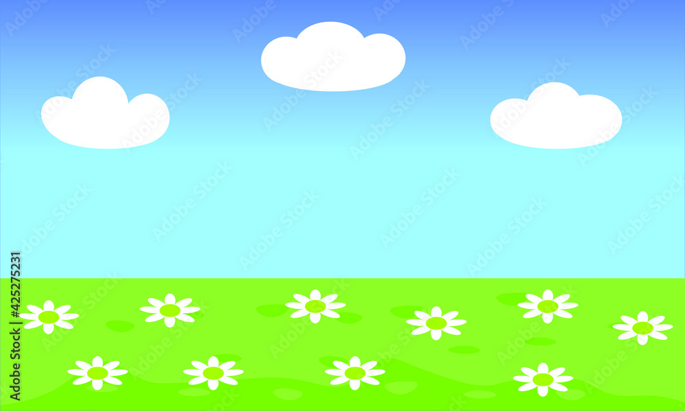 Green field of flowers, blue sky and clouds vector cartoon nature summer wallpaper background landscape. Daisy and chamomile flower white daisies and camomiles flowers