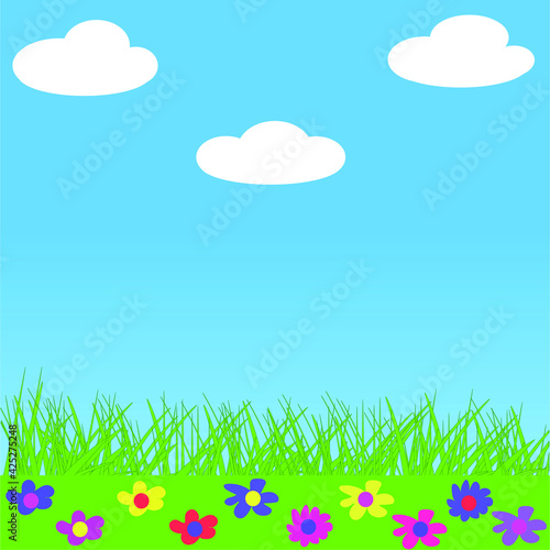Green field of flowers  blue sky and clouds vector cartoon nature summer wallpaper background landscape. Colorful bright flower meadow