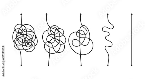 Chaos simplifying, problem solving and business solution searching challenge concept vector illustration set. Complex and easy simple way from start to end. Hand drawn doodle scribble chaos path lines
