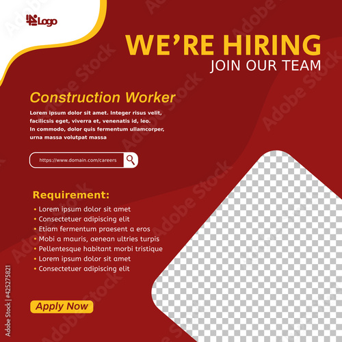 Modern job vacancy square web banner for social media post. Hiring job template for construction worker