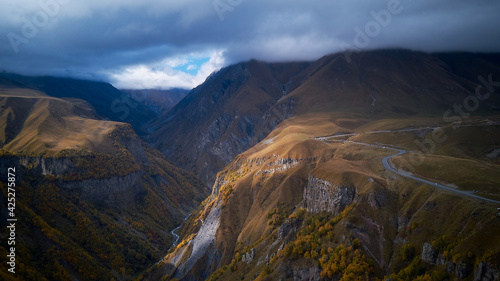 Beautiful caucasus mountains. Georgian military road. Georgia. Stunning beautiful mountains in the clouds.