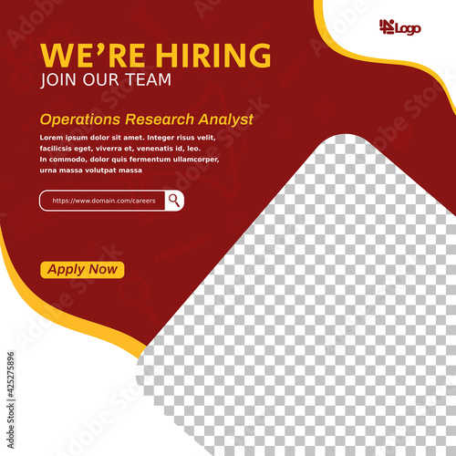 Modern job vacancy square web banner for social media post. Hiring job template for operations research analyst