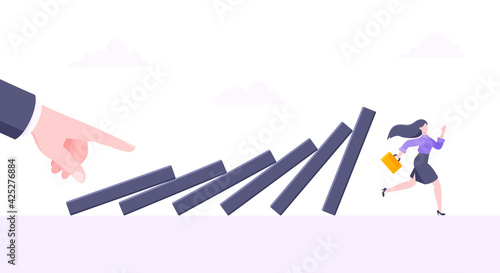 Domino effect or business cowardice metaphor vector illustration concept. Adult young businesswoman run away from hand falling domino line business concept problem solving and danger chain reaction.