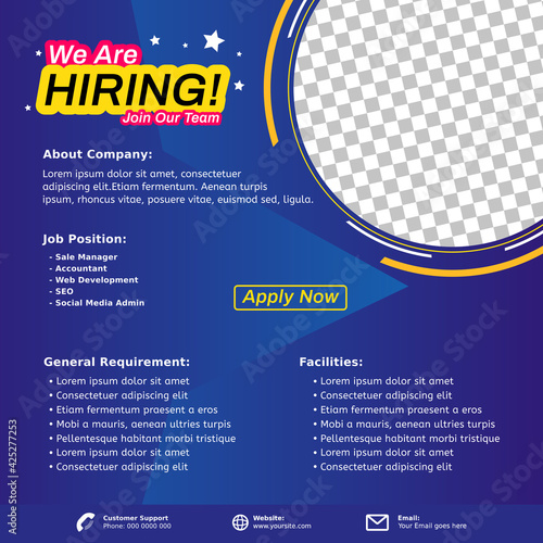 Modern job vacancy square web banner for social media post. Hiring job template