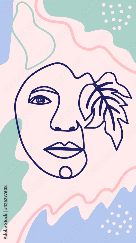 Woman face with flowers one line drawing. Half of the face is a flower. Continuous line drawing art. Nature cosmetics. Woman face with flowers one line drawing. Half of the face is a flower. Continuous line drawing art. Nature cosmetics.