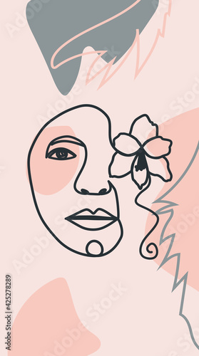 Woman face with flowers one line drawing. Half of the face is a flower. Continuous line drawing art. Nature cosmetics.