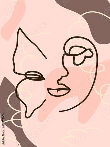 butterfly Surreal Faces Continuous line  faces and hairstyle  fashion concept  woman beauty minimalist  illustration pretty sexy. Contemporary portrait.