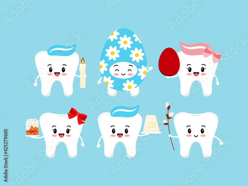 Orthodox Easter cute teeth dental icon set. Dentist white tooth character with cake, curd easter, candle, egg, costume, willow. Flat cartoon vector holiday dentistry clip art illustration.