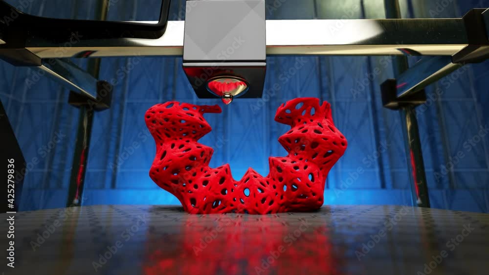3d rendering motion graphic turntable scene of Automatic three-dimension 3d printer printing an object from hot molten plastics.