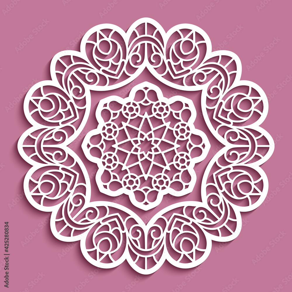 Lace doily, decorative snowflake, circle mandala ornament, cutout paper round pattern, laser cutting template