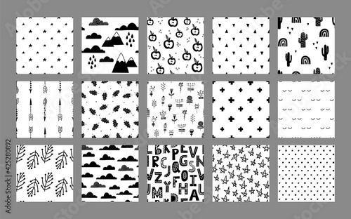 Scandinavian seamless patterns. Endless hand drawn decorative monochrome design for textile. Vector repeat abstract elements.