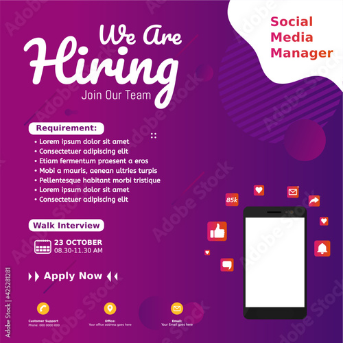 Modern job vacancy square web banner for social media post. Hiring job template for 