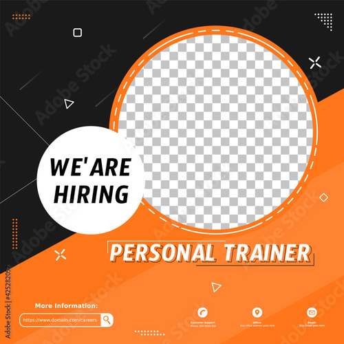 Modern job vacancy square web banner for social media post. Hiring job template for Personal trainer, gym, body builder instructor