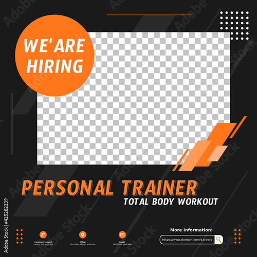 Modern job vacancy square web banner for social media post. Hiring job template for Personal trainer, gym, body builder instructor