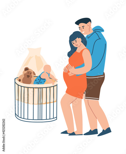Young family. Young parents expecting childbirth. Isolated cartoon hugging couple and toddler in cradle. Pregnant woman with big belly. Mother in pregnancy period. Vector illustration