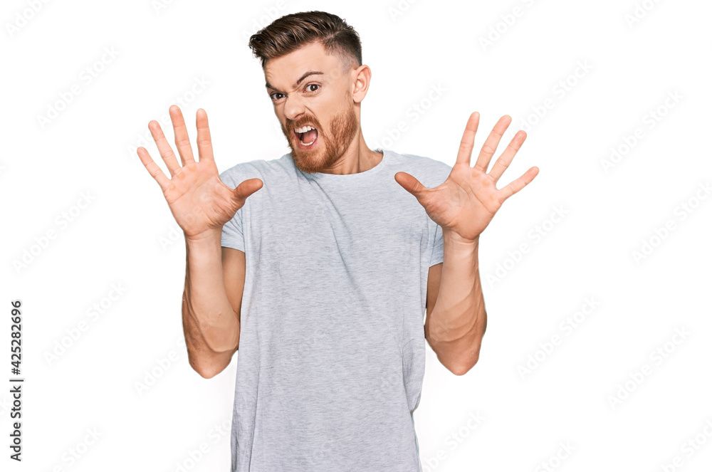 Young redhead man wearing casual grey t shirt afraid and terrified with fear expression stop gesture with hands, shouting in shock. panic concept. Young redhead man wearing casual grey t shirt afraid and terrified with fear expression stop gesture with hands, shouting in shock. panic concept.