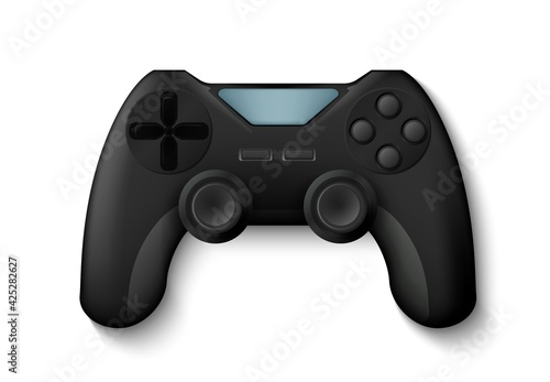 Joystick. Realistic gamepad, 3D play console for control game character. Isolated electronic equipment, gaming device with buttons. Vector gamers gadget for cybersport competitions