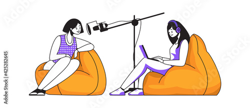 Podcast. Women streaming interview. Recording conversation between host and guest in studio. Characters sitting in cozy soft chairs. Live broadcast of bloggers voice. Vector podcasting