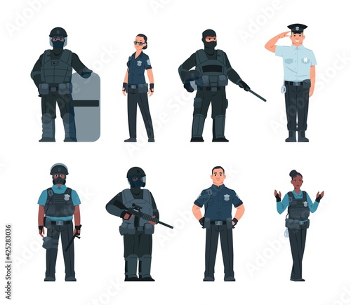 Police officers. Policeman and security guard persons with various ammunition. Standing male and female cops set. Patrolman holding shield and weapon. Vector defenders of law and order