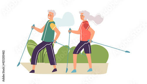 Elderly couple performing Nordic walking. Old people activity. Senior characters doing sport exercises in park. Grandmother and grandfather training together. Vector outdoor workout