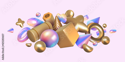 Geometric render background. Abstract holographic or metallic elements. Realistic 3D square and round shapes composition. Glossy figures with gradient texture. Vector iridescent forms