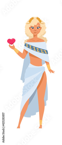 Aphrodite or Venus. Cartoon goddess of love and beauty. Ancient Greek god in toga and gold wreath. Beautiful woman holding red heart. Mythological divine female, vector religious character