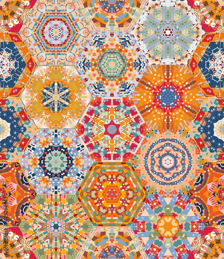 Bright seamless patchwork design from colorful hexagonal patterns. Print for fabric, textile, carpet, rug.