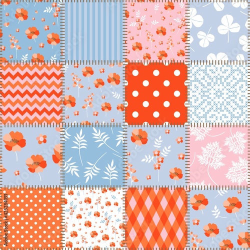 Patcwork seamless pattern in country style from square patches with floral and geometric ornaments. Print for fabric, textile.