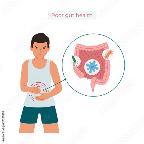 Vector illustration of a guy suffering from abdominal pain, the concept of poisoning or diarrhea caused by microorganisms