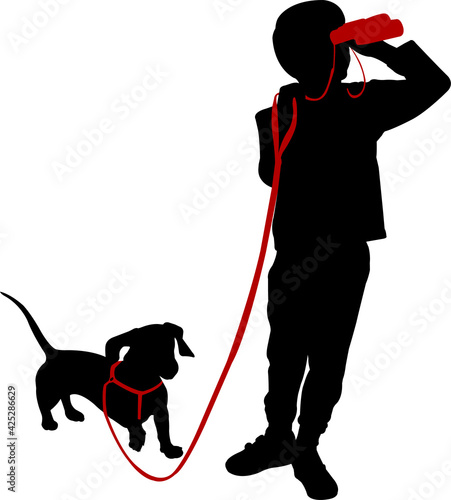 boy holding binoculars and his dog silhouette - vector
