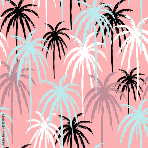 Coconut palms on a pastel pink background. Rainforest tropical seamless pattern.