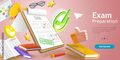 3D Vector Conceptual Illustration of Exam Passed, Testing Preparation.