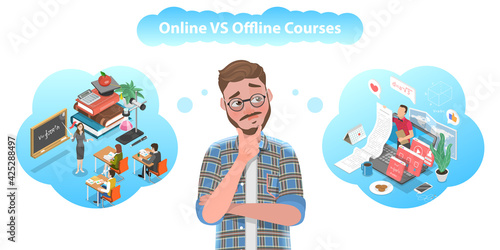 3D Isometric Vector Concept of Online Courses vs Offline Courses.