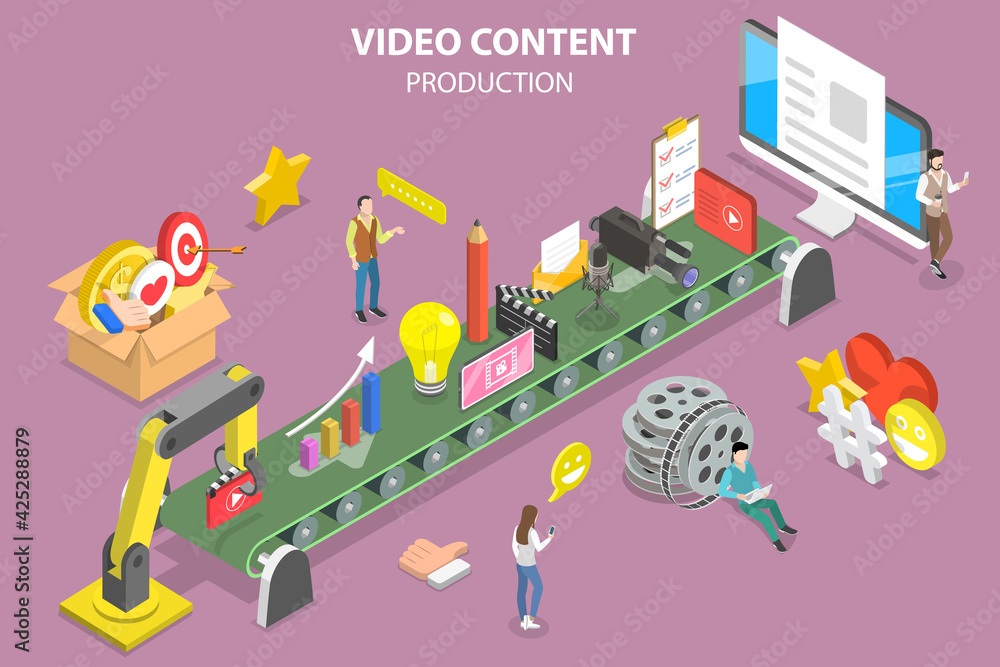 3D Isometric Flat Vector Conceptual Illustration of Video Content Production.