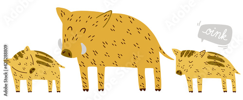 Cute Boar family dad and piglets hand drawn vector illustration scandinavian doodle style