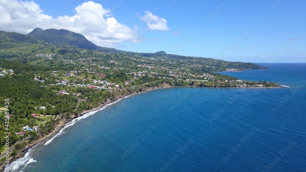Black sand beach in Guadeloupe aerial view
