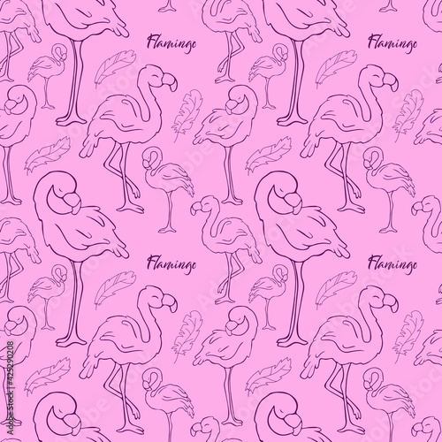 Seamless pattern. Flamingos. Doodle. Contour bird. Contour. Pink flamingo.