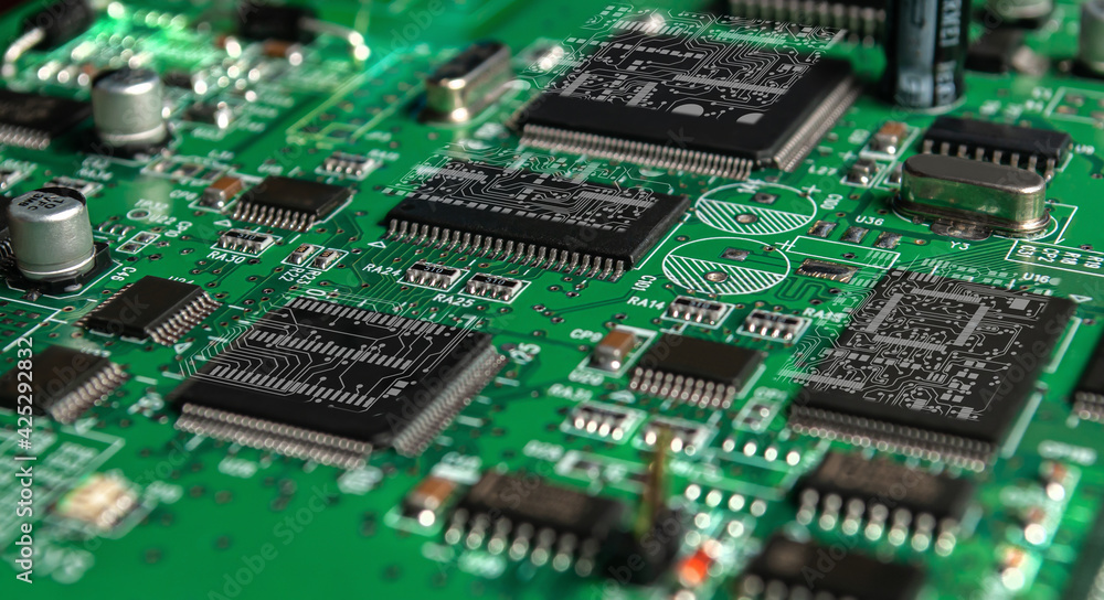 printed circuit board with surface mounted passive and active circuit components close up printed circuit board with surface mounted passive and active circuit components close up