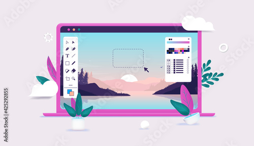 Photo editing on laptop computer - Photo editor software with user interface and beautiful landscape image in editable 3d vector illustration.